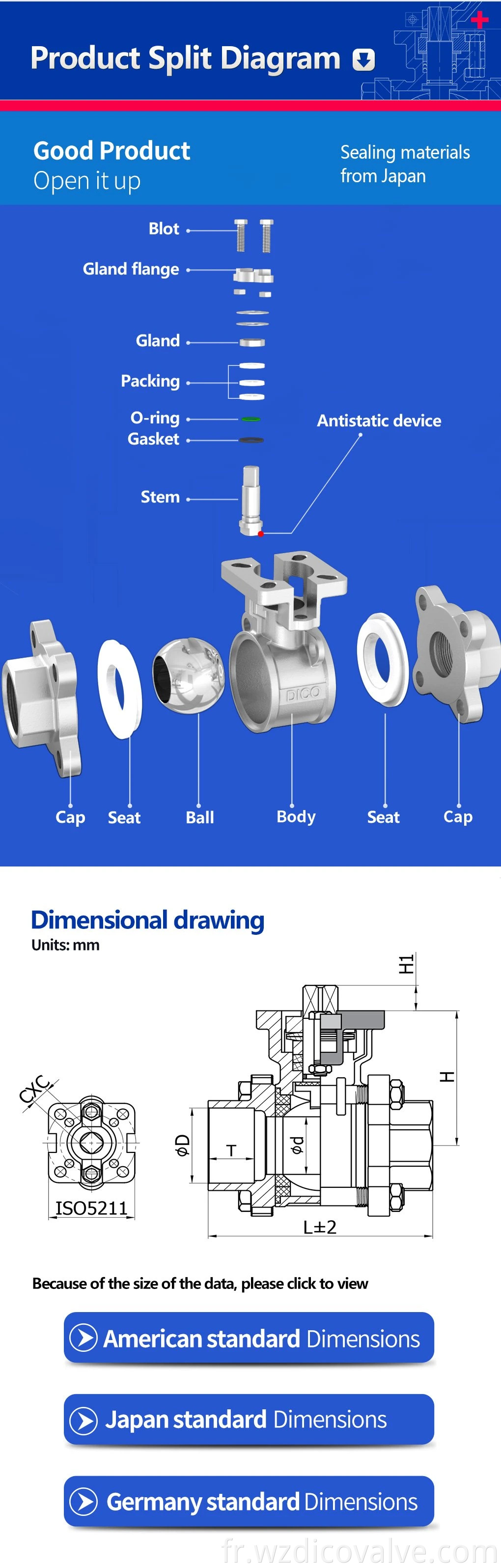 DICO Industrial Equipment & Components chaussette soudure CF8M avec vanne à billes ISO5211 PAD 3PC